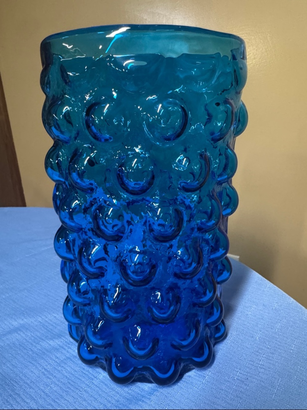 Wayne Husted Blenko blue glass bubble vase 9 5/8” tall hand-blown signature